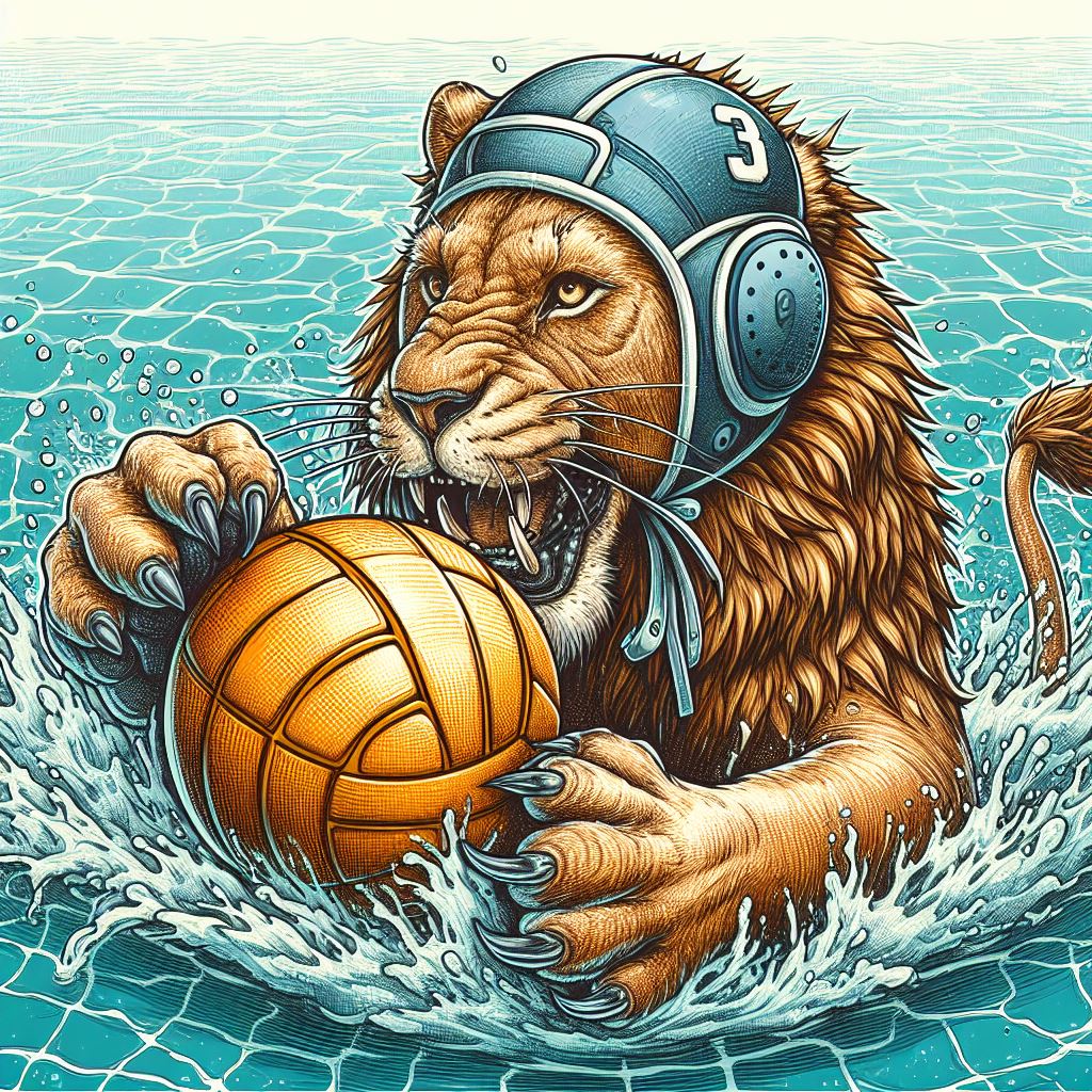 a lion emerging from the water of a swimming pool wearing a water polo cap and crushing a water polo ball with its paw
