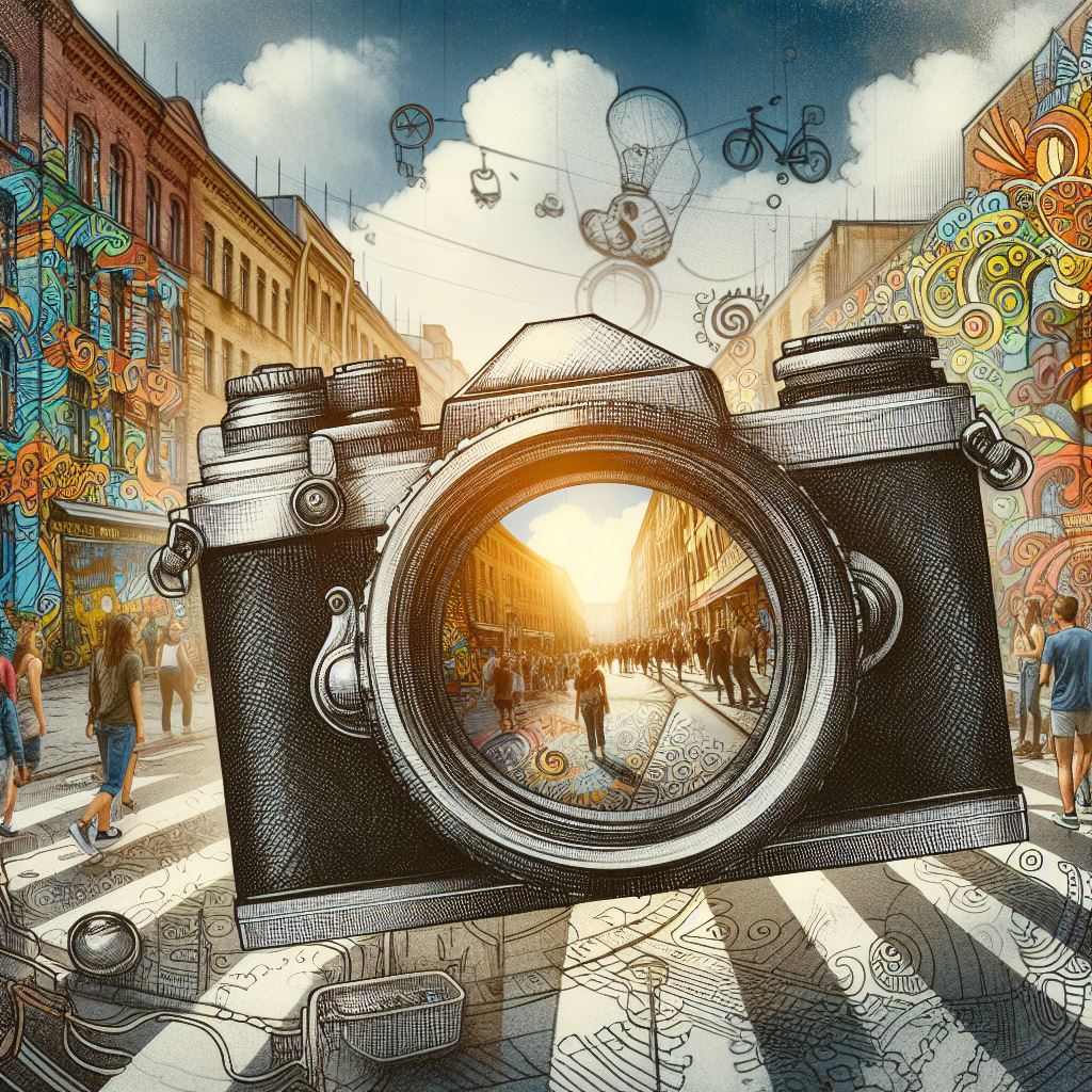 the screen of a camera pointing towards a street art landscape with a steampunk art effect