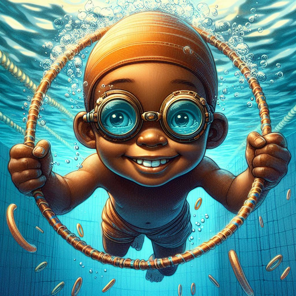 a smiling child going through a hoop underwater in a swimming pool he is wearing his swimming goggles
